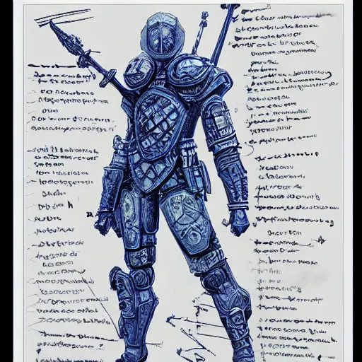Image similar to blue board blueprint with lots of annotations of legs of an ornate armour covered in runic tattoos, Travis Charest style