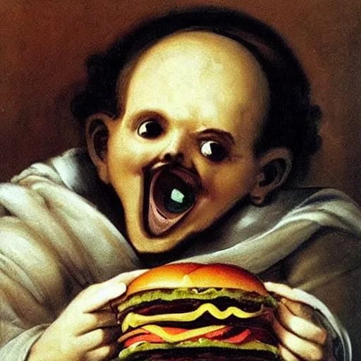 Prompt: saturn devouring his hamburger, mcdonalds viral ad inspired by goya black paintings, classic oil painting