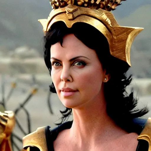 Image similar to black haired charlize theron as the greek goddess athena in battle, scene from live action movie