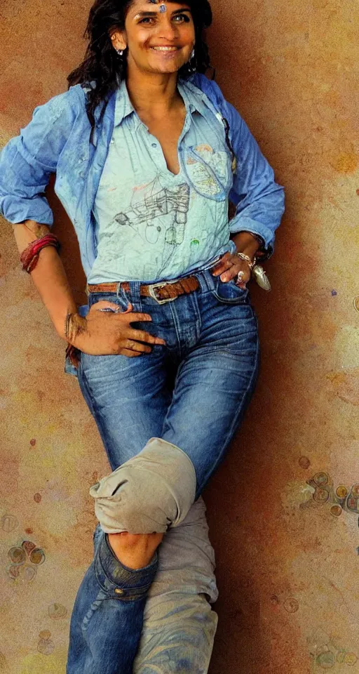 Image similar to close up a beautiful Indian doctor wearing jeans and a shirt in Texas in 2022, sun shining, photo realistic illustration by greg rutkowski, thomas kindkade, alphonse mucha, loish, norman rockwell.