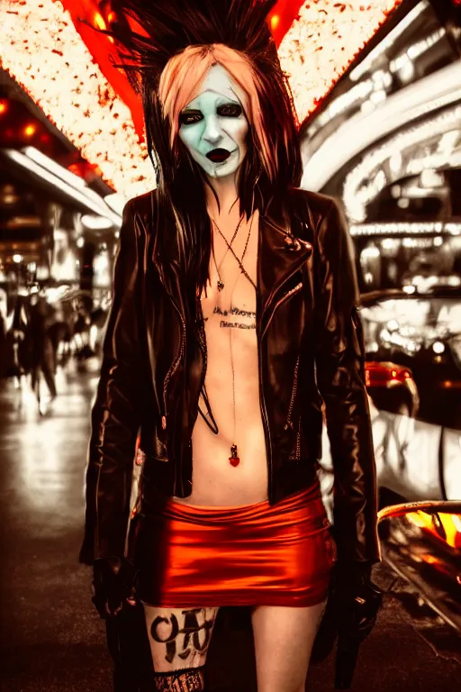 Prompt: full body portrait of a punk vampire on the las vegas strip at night, cinematic, hyper realism, high detail, octane render, 8k, cgsociety,urban horror,concept art