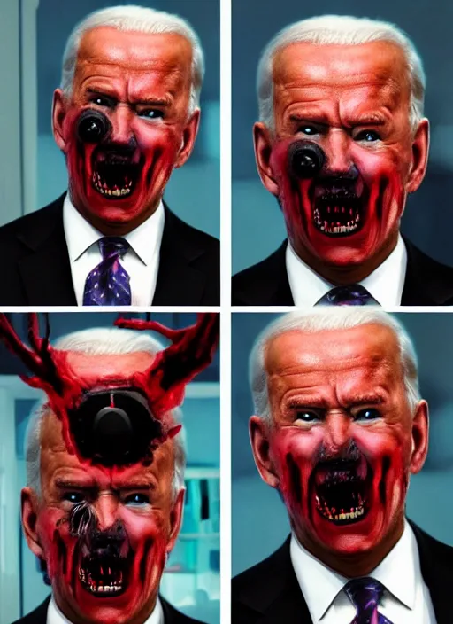 Image similar to hyper realistic terror photo Doom horror furious glowing red eyes biden