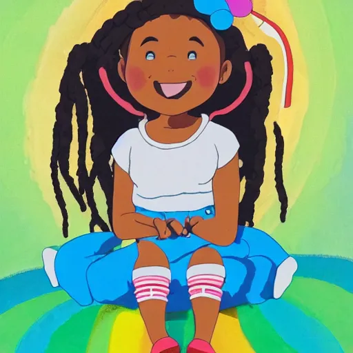 Prompt: a little 👧🏾 girl with dreads eating ice cream smiling, sitting on top of a rainbow, studio ghibli style