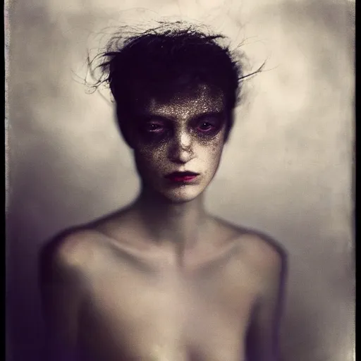 Image similar to a photo portrait of a mysterious eerie shimmering woman in an uncertain world, overtaken by sadness, cinematic, by paolo roversi,