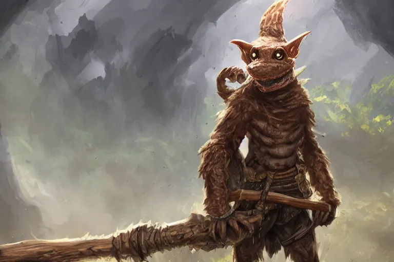 Image similar to a lone d & d kobold, traveling long dirt road, hobo stick over shoulder, fantasy setting, 4 k, super detailed, short draconic humanoid race, digital art