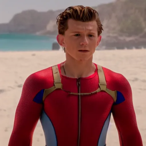 Image similar to Tom Holland in Baywatch. Movie still frame. 4K UHD.