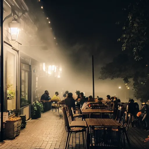 Prompt: An outdoor cafe on a foggy night