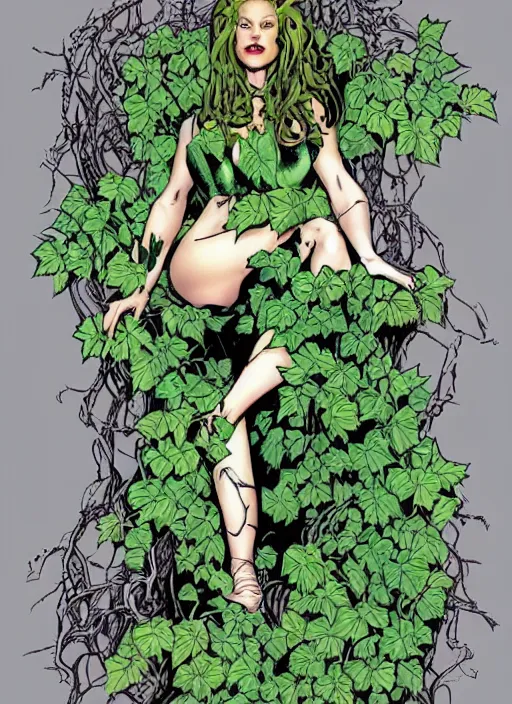 Image similar to dc comics poison ivy character sitting in a throne made of vines art by joe chiodo, travis charest