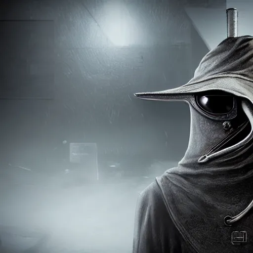 Image similar to a beautiful portrait of a futuristic plague doctor, posing, symmetrical composition, centred composition, black Filigree armour, mid view, very detailed render, very realistic render, elegant render, rendered in unreal engine and cryengine