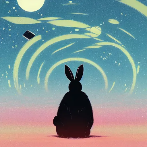 Image similar to A rabbit full of hope, looking for a black hole in an infinite time loop by Victo Ngai and Ghibli andlisk feng and atey ghailan