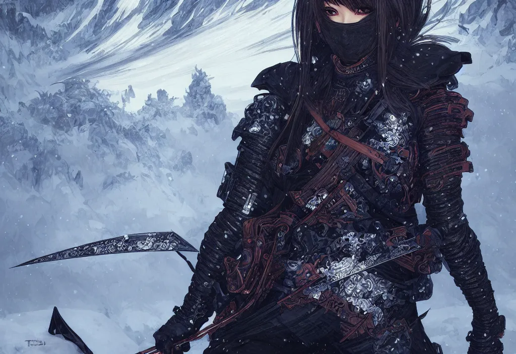 Image similar to portrait ninja gaiden girl, armored black reflective vests ninja wardrobe, at snowy fuji mountain fallen night, ssci - fi and fantasy, intricate and beautiful and highly detailed, digital painting, artstation, concept art, smooth and sharp focus, illustration, art by tian zi and wlop and alphonse mucha