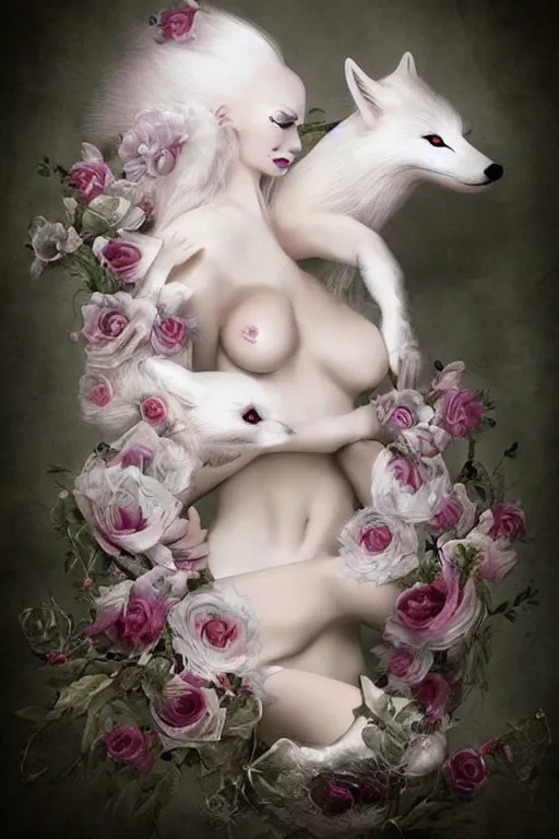 Prompt: albino, vampire white fox, flowerpunk, by Natalie Shau