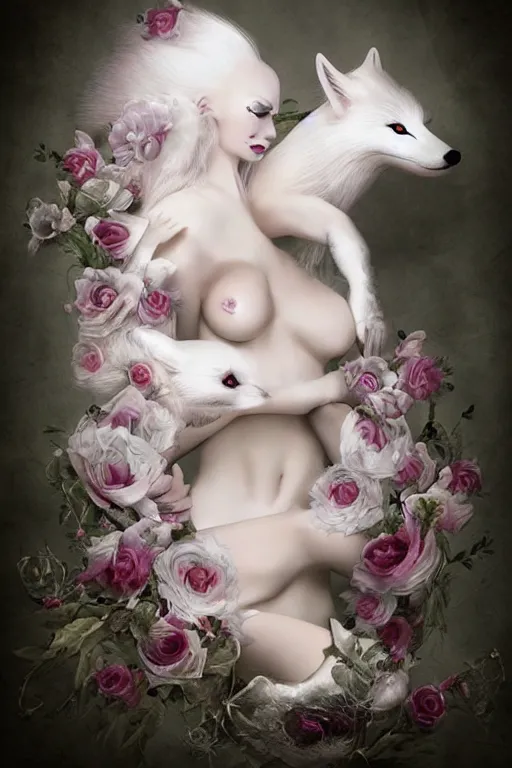 Image similar to albino, vampire white fox, flowerpunk, by Natalie Shau