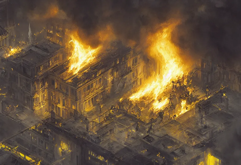 Prompt: one heroic firefighters with black and yellow uniforms in action inside white house, interior background, fire flames, sharp details, sharp focus, photorealistic, octane, hyper detailed, trending on deviantart, illustration, by jordan grimmer and greg rutkowski and pine ( ハイネ ), intricate