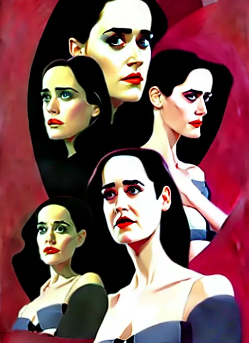 Image similar to detailed artwork by phil noto ; stylized painting of young jennifer connelly ; eva green ; young jennifer connelly from the rocketeer ; brush texture ; asymmetric composition ; paint texture ; trending on artstation ; gallery painting by phil noto, comic style