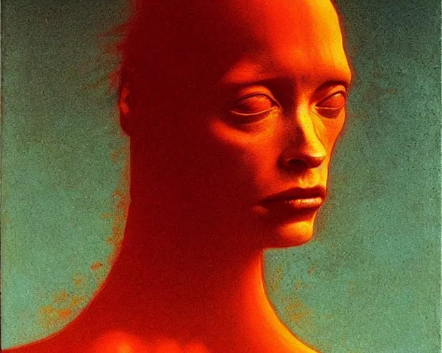 Image similar to by francis bacon, beksinski, mystical redscale photography evocative, expressionism. kat dennings uma thurman christina hendricks tilda swinton