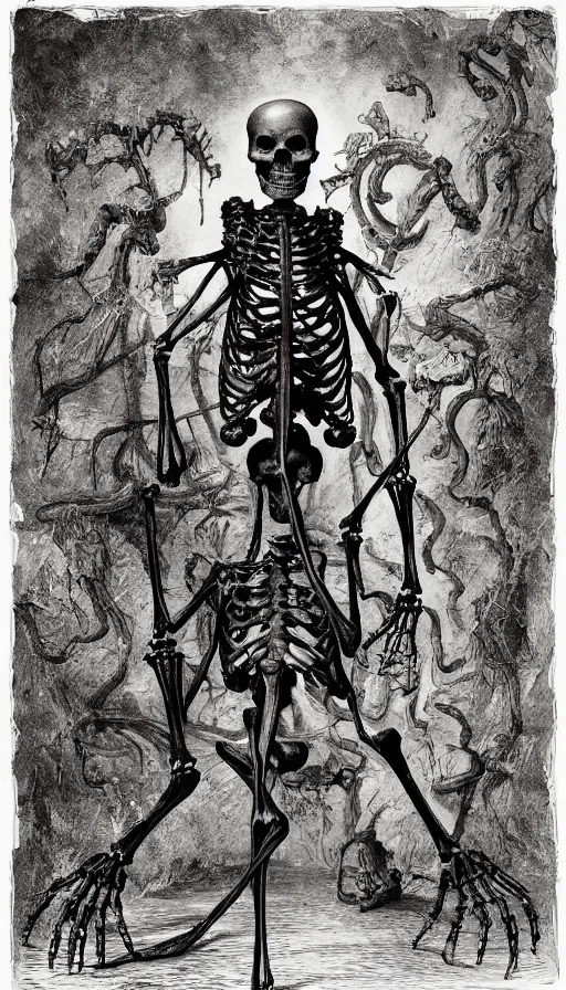 Image similar to full - body portrait of a creepy realistic human skeleton wearing many black snakes and other reptiles as clothing sitting in an old abandoned wooden house, painting, dark surrealism, german romanticism style, ornate and elegant, hightly detailed