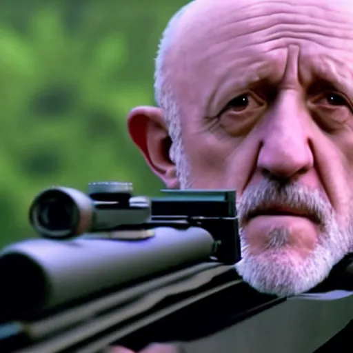 Image similar to Film still of Mike Ehrmantraut aiming with a !!!sniper rifle!!!, 4k, !!highly detailed!!