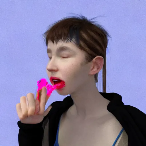 Prompt: born again christian tiktok influencer eating melting crayons and winking to their followers, in the style of james jean, artstation trending, 8 k, 3 d render, photorealistic, volumetric lighting caustics, pink