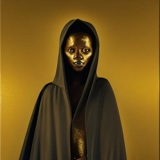 Image similar to a portrait of a young black woman wearing a long dark cloak, hood and shadows covering face, wearing shiny gold, oil painting, matte painting, black background, Volumetric Golden dappled dynamic lighting, Highly Detailed, Cinematic Lighting, Unreal Engine, 8k, HD, by Beksinski