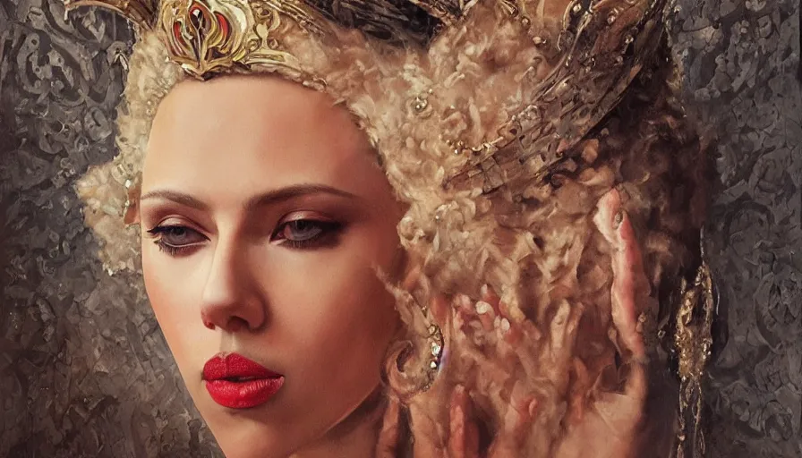 Prompt: scarlett johansson as a stately queen, fantasy, oil painting, concept art