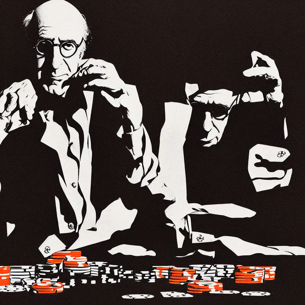 Image similar to larry david playing poker, Mads Berg, Karolis Strautniekas, James Yang, Brutalism, Constructivist, film noir, stippled light, dramatic lighting,editorial illustration, detailed, matte print, dark orange black white red, a lone man