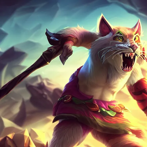 Prompt: league of legends rengar, very detailed, 4 k, chromatic aberration, global illumination, vivid colors, volumetric lighting