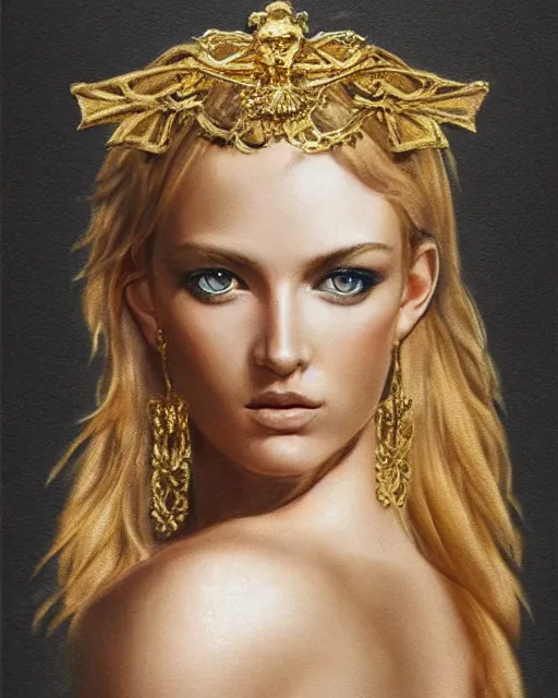 Prompt: realism tattoo sketch of beautiful super model aphrodite greek goddess wearing a gold laurel wreath and triangle earrings,, beautiful piercing gaze with sharp pupils, beautiful blonde hair, in the style of greg rutkowski, fantasy, amazing detail, epic, elegant, smooth, sharp focus, front view