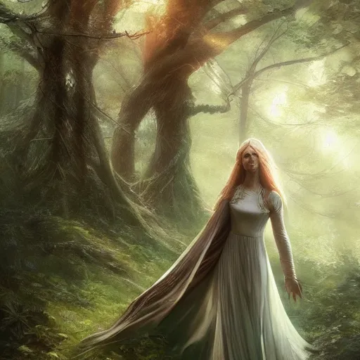 Image similar to A beautiful picture of galadriel in a forest by greg rutkowski and Kalin Popov, trending on artstation