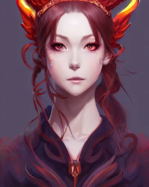 Prompt: character concept art of a woman with fire dragon horns and wings | | very anime, dragon scales, cute - fine - face, pretty face, realistic shaded perfect face, fine details by stanley artgerm lau, wlop, rossdraws, james jean, andrei riabovitchev, marc simonetti, and sakimichan, trending on artstation