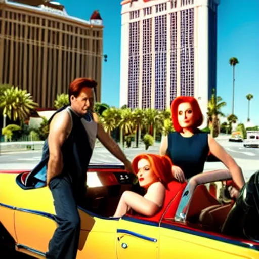Prompt: mulder and scully driving in a red Cadillac convertible with the top down, on the vegas strip at night, with an alien in the back seat