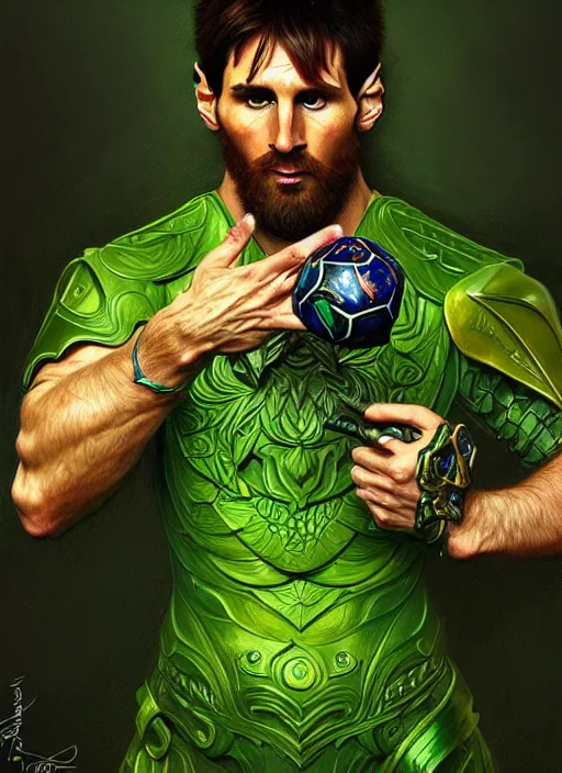 Image similar to portrait of aggressive messi, d & d, muscular! green, fantasy, intricate, elegant, highly detailed, digital painting, artstation, concept art, smooth, sharp focus, illustration, art by artgerm and greg rutkowski and alphonse mucha