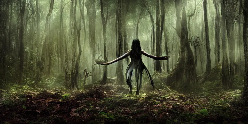 Prompt: A transcendal being having a ritual in a mysterious and lush forest, sci-fi, dark fantasy, wide shot