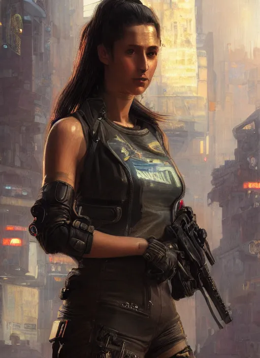 Image similar to 🧘♀. cyberpunk mercenary in a military vest ( blade runner 2 0 4 9, cyberpunk 2 0 7 7 ). orientalist portrait by john william waterhouse and james gurney and theodore ralli and nasreddine dinet, oil on canvas. cinematic, hyper realism, realistic proportions, dramatic lighting, high detail 4 k