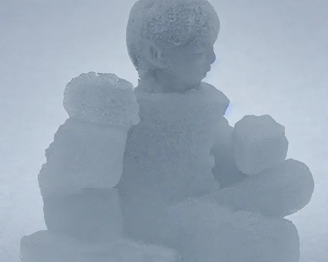 Image similar to ice sculpture. there is a little blonde boy trapped in the figurine made of ice. antartica