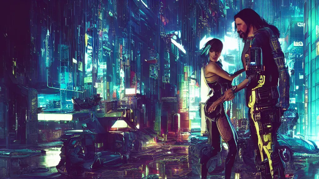 Prompt: a cyberpunk 2077 srcreenshot couple portrait of Keanu Reeves and V as a female android final kisse in night city,love,film lighting,by Lawrence Alma-Tadema,Andrei Riabovitchev,Laurie Greasley,Dan Mumford,John Wick,Speed,Replicas,artstation,deviantart,FAN ART,full of color,intricate,smooth,Digital painting,illustration,face enhance,highly detailed,8K,octane,golden ratio,cinematic lighting