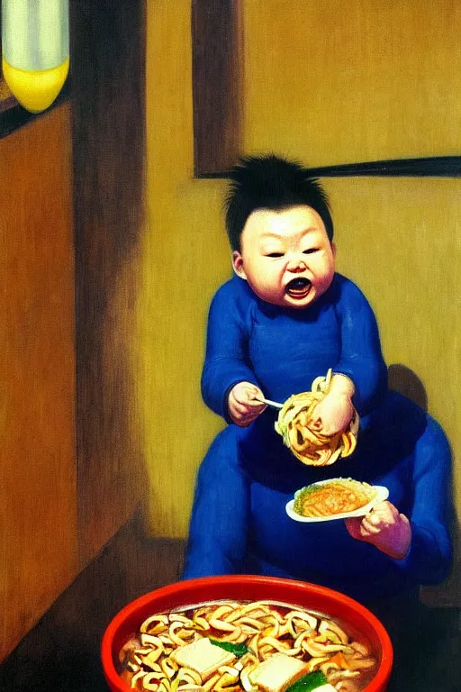 Prompt: evil human giant baby eating a huge bowl of ramen in new york city, traditional chinese restaurant, hauntingly surreal, highly detailed painting by francis bacon, edward hopper, adrian ghenie, gerhard richter, and james jean soft light 4 k,