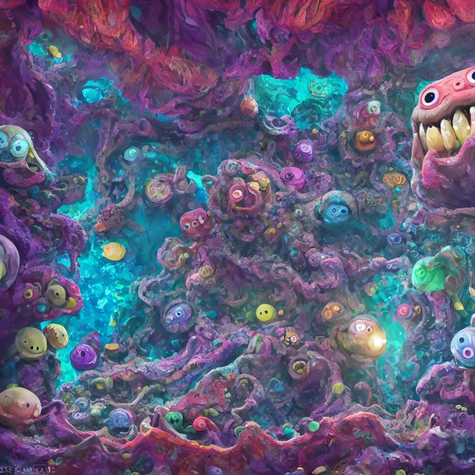 Image similar to of a colorful deep sea cave with strange cute friendly happy creatures with huge eyes, mouth, long tongue and round teeth appearing from sandy coral, in the style of gehry and gaudi, macro lens, shallow depth of field, ultra detailed, digital painting, trending artstation, concept art, illustration, cinematic lighting, photorealism, epic, octane render