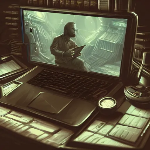 Image similar to realistic man using laptop in gaming room, artstation trends, sci fi concept art, highly detailed, intricate, sharp focus, digital art, 8 k