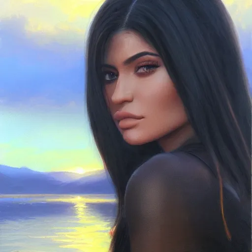 Prompt: a closeup portrait of a kylie jenner, dramatic light, lake background, sunset, dark, painted by stanley lau, painted by greg rutkowski, painted by stanley artgerm, digital art, trending on artstation