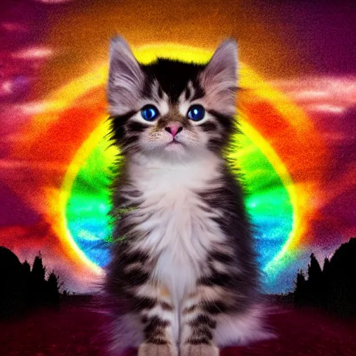 Image similar to of a very proud fluffy rainbow kitten howling at moon with a glowing rainbow aura