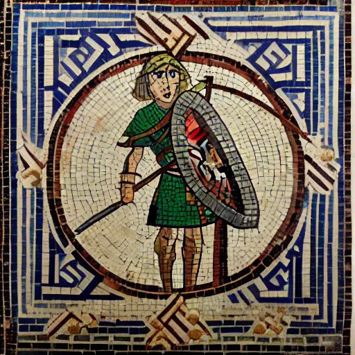 Prompt: ancient greek mosaic of link from zelda with raised sword