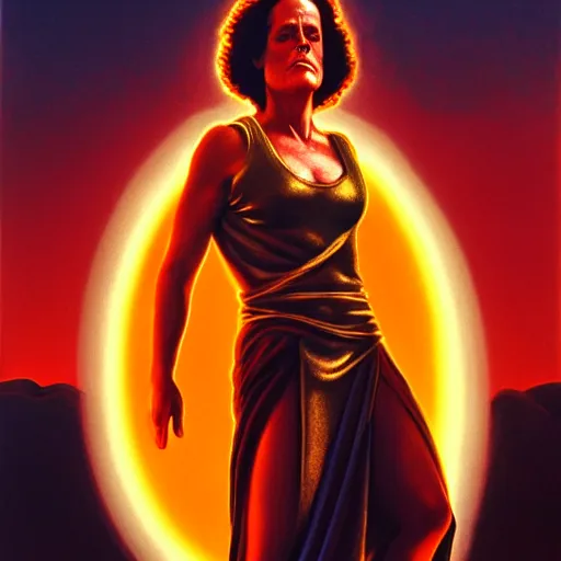 Prompt: Sigourney weaver as goddess Athena, full body, Flying in a Red clouded Sky, by Alex Ross, atmospheric lighting, painted, intricate, golden hour, ultra detailed