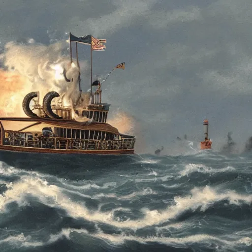 Image similar to Kraken dragging steam boat into the sea. High quality.