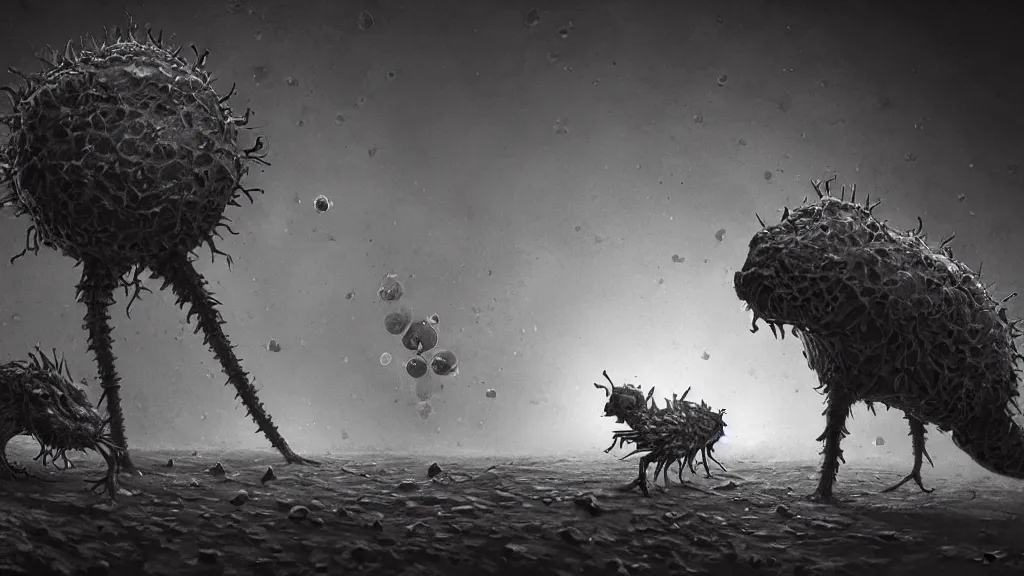 Image similar to a beautiful microscopic scientific photo of a coronavirus and a strange life form seen through an electron microscope, dark, sinister, detailed, art by Greg Rutkowski