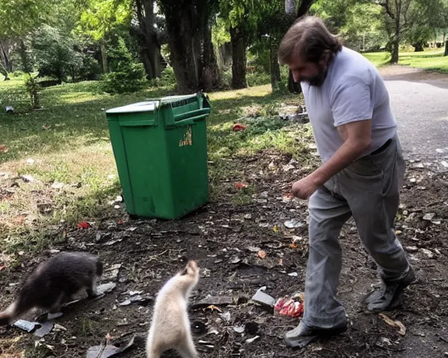 Prompt: slavoj zizek stealing trash from a racoon near a trash container