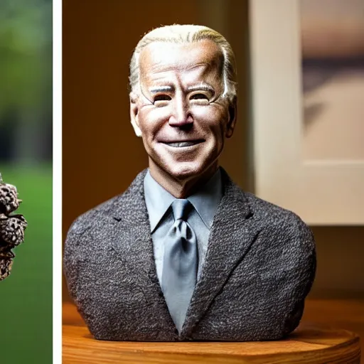 Prompt: a sculpture of joe biden made out of pinecones