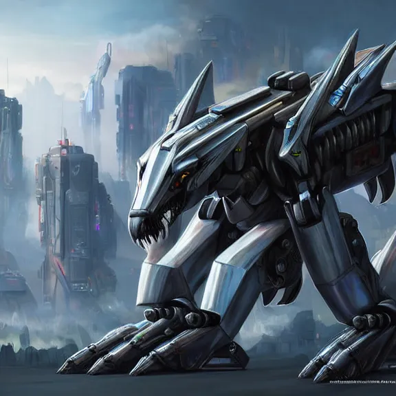 Image similar to hyper realistic, epic, highly detailed cinematic full body shot of a gigantic feral mecha canine, sharp metal claws, cannon mounted on back, sleek armor, glowing visor, destroying city, digital art, furry art, dragon art, zoids art, furaffinity, deviantart, sofurry