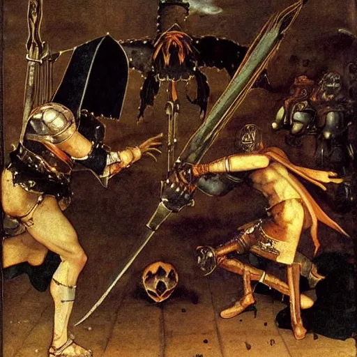 Prompt: a scene from dark souls as painted by hans holbein the elder