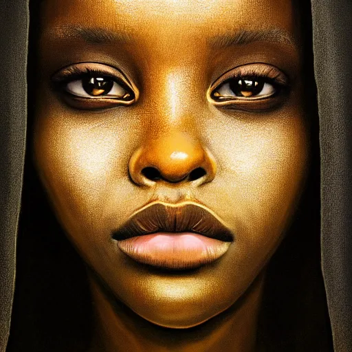 Image similar to a portrait of a young black woman wearing a long dark cloak, hood and shadows covering face, anatomically correct, beautiful perfect face, enigmatic, oil painting, matte painting, black background, Volumetric Golden dappled dynamic lighting, Highly Detailed, Cinematic Lighting, Unreal Engine, 8k, HD, by Beksinski